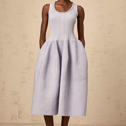 Serafina Lilac Purple Ribbed Knit Crystal Embellished Midi Dress