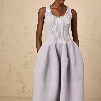 Serafina Lilac Purple Midi Dress with Crystal Embellishment and Ribbed Knit Texture
