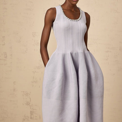Serafina Lilac Purple Ribbed Knit Crystal Embellished Midi Dress