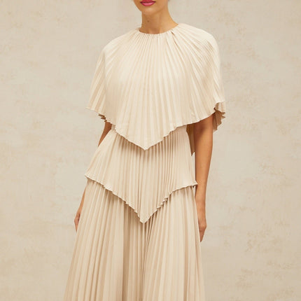 Serafina Neutrals Midi Dress with Batwing Cape Sleeves and Rear Zip Fastening in 100% Terylene Fiber