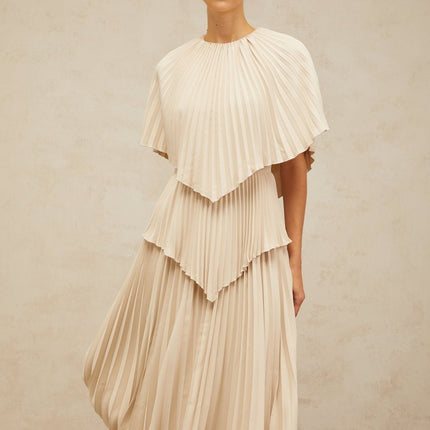 Serafina Neutrals Midi Dress with Batwing Cape Sleeves and Rear Zip Fastening