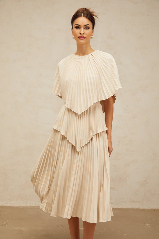 Serafina Neutrals Midi Dress with Batwing Cape Sleeves and Rear Zip Fastening
