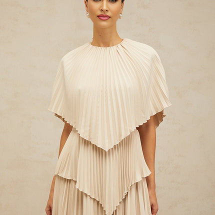 Serafina Neutrals Midi Dress with Pleated Batwing Cape Sleeves and Rear Zip Fastening in 100% Terylene Fiber
