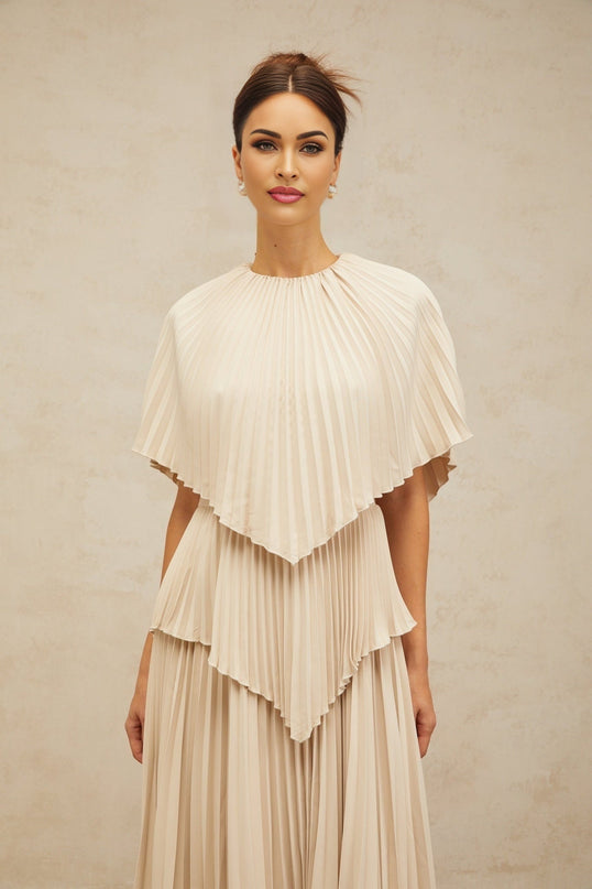 Serafina Neutrals Midi Dress with Pleated Batwing Cape Sleeves and Rear Zip Fastening in 100% Terylene Fiber