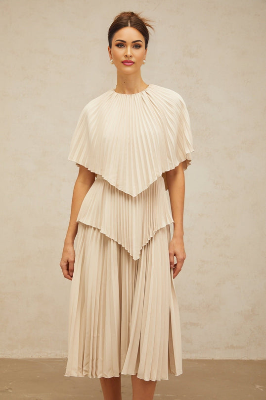 Serafina Neutrals Midi Dress with Batwing Cape Sleeves and Rear Zip Fastening in 100% Terylene Fiber