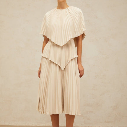 Serafina Neutrals Midi Dress with Batwing Cape Sleeves and Rear Zip Fastening in 100% Terylene Fiber