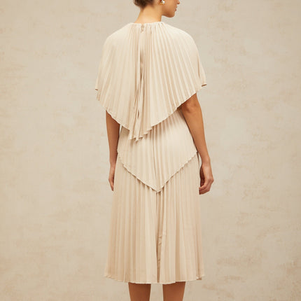 Serafina Neutrals Midi Dress calf-length silhouette pleated batwing cape sleeves rear zip fastening Terylene fiber quality comfort sophistication style luxury statement
