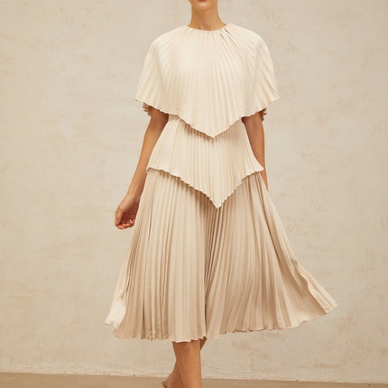 Serafina Neutrals Midi Dress with Pleated Batwing Cape Sleeves and Rear Zip Fastening in 100% Terylene Fiber