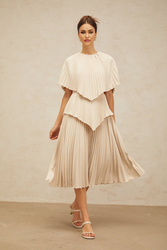 Serafina Neutrals Midi Dress with Pleated Batwing Cape Sleeves and Rear Zip Fastening in 100% Terylene Fiber