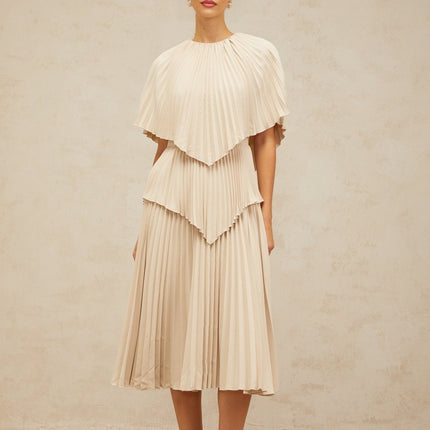 Serafina Neutrals Midi Dress with Batwing Cape Sleeves and Rear Zip Fastening
