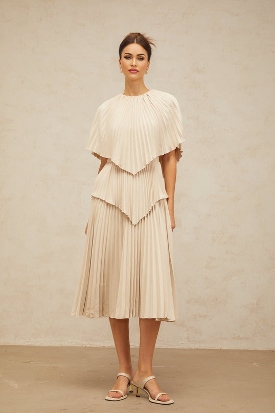 Serafina Neutrals Midi Dress with Batwing Cape Sleeves and Rear Zip Fastening