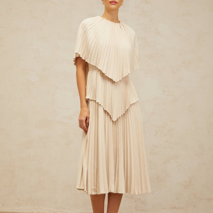 Serafina Neutrals Midi Dress with Batwing Cape Sleeves and Rear Zip Fastening in 100% Terylene Fiber