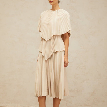 Serafina Neutrals Midi Dress with Batwing Cape Sleeves and Rear Zip Fastening
