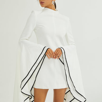 Serafina White Classic Ruffle Sleeve Dress with Mock Neck and Contrasting Trim