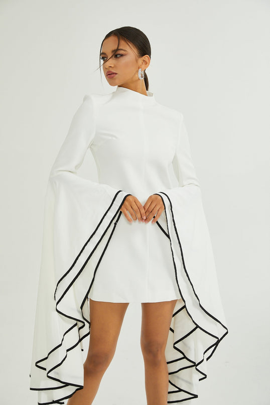 Serafina White Classic Ruffle Sleeve Dress with Mock Neck and Contrasting Trim