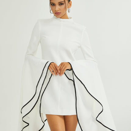 Serafina White Classic Ruffle Sleeve Dress with Mock Neck and Contrasting Trim