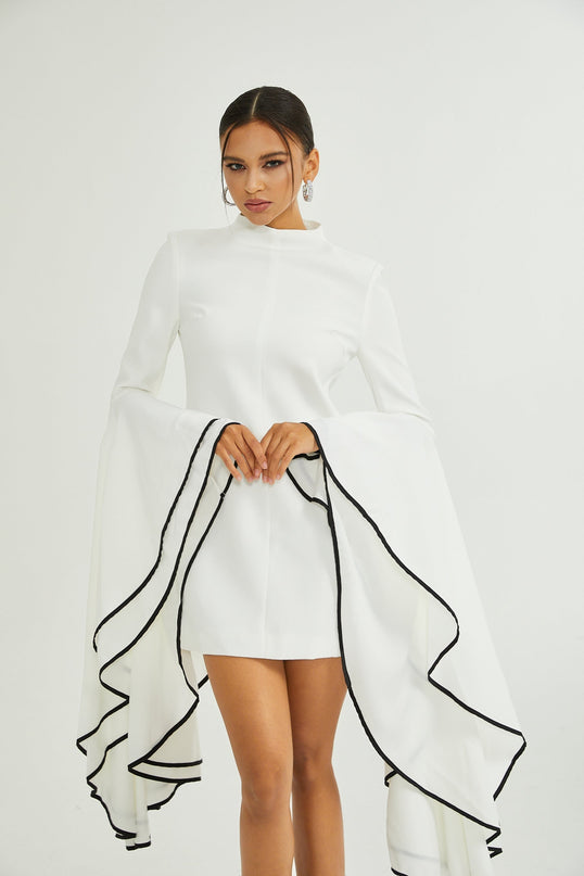 Serafina White Classic Ruffle Sleeve Dress with Mock Neck and Contrasting Trim