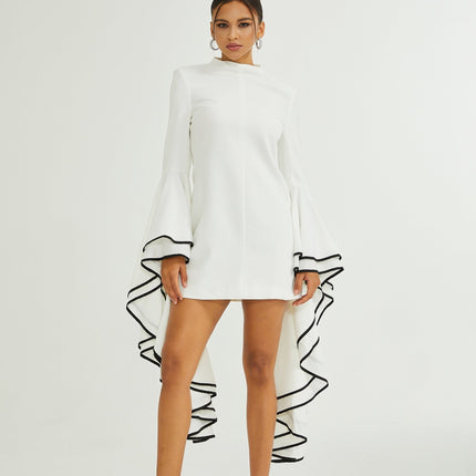 Serafina White Classic Ruffle Sleeve Dress with Mock Neck and Contrasting Trim