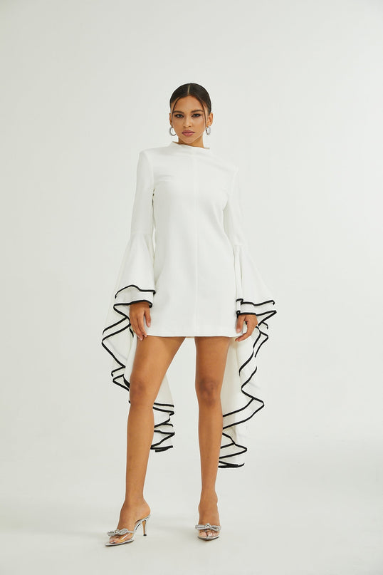 Serafina White Classic Ruffle Sleeve Dress with Mock Neck and Contrasting Trim