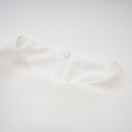Serafina White Classic Ruffle Sleeve Dress mock neck ruffled detailing contrasting trim long draped sleeves rear zip fastening straight hem thigh-length silhouette polyester cotton blend elegance sophistication comfort statement occasion