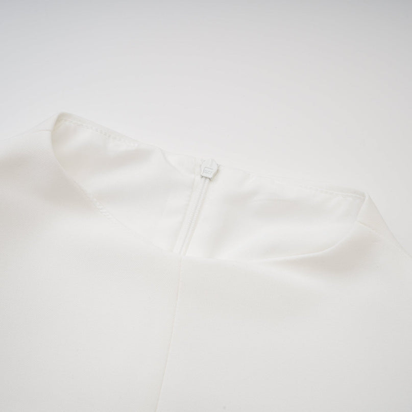 Serafina White Classic Ruffle Sleeve Dress mock neck ruffled detailing contrasting trim long draped sleeves rear zip fastening straight hem thigh-length silhouette polyester cotton blend elegance sophistication comfort statement occasion
