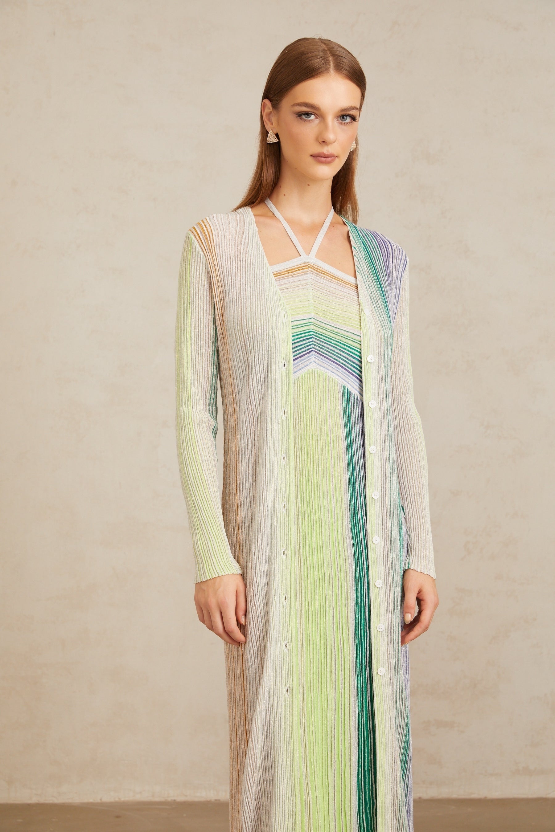 Serelith Green Metallic Knit Long Cardigan