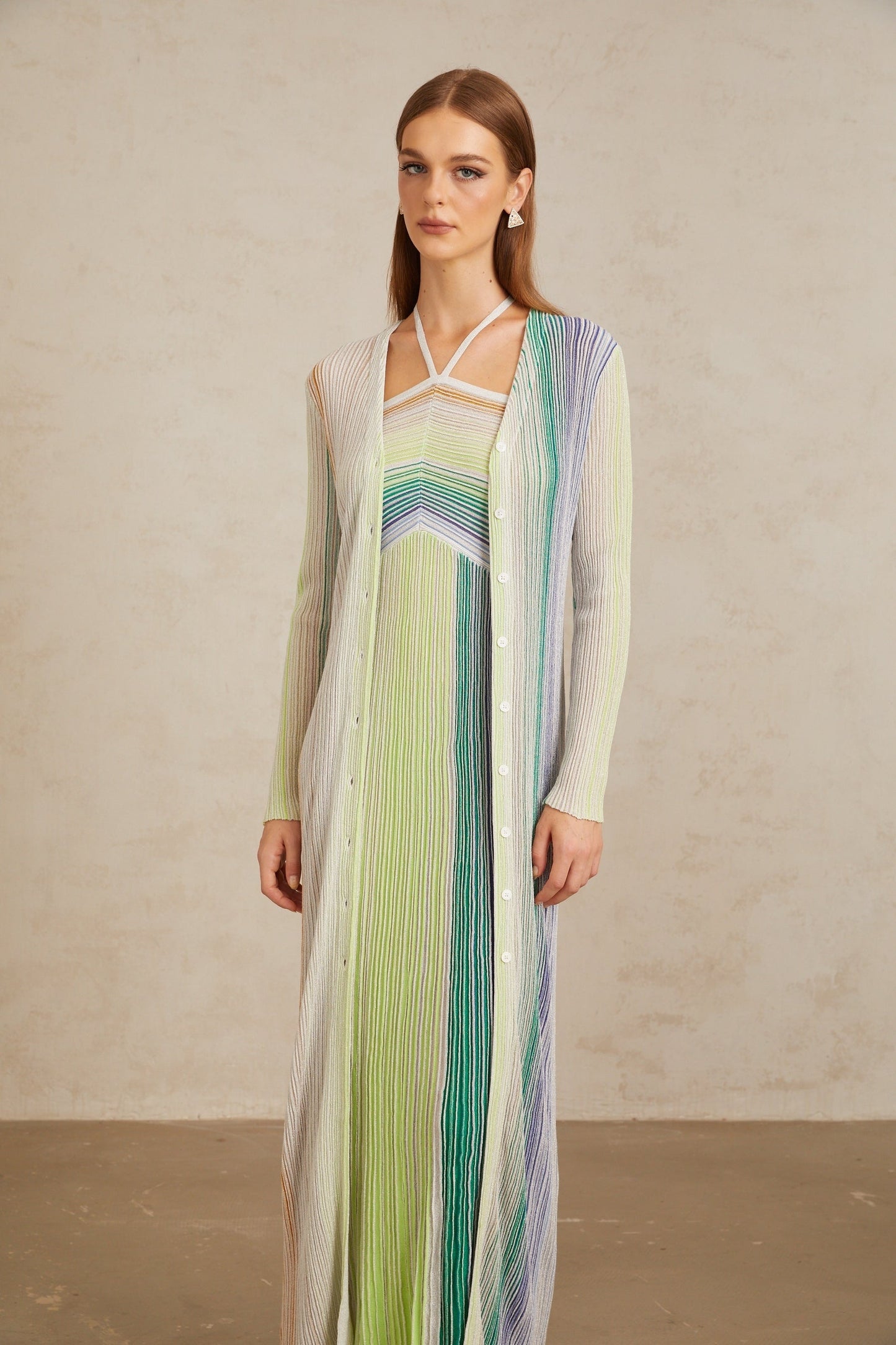 Serelith Green Metallic Knit Long Cardigan