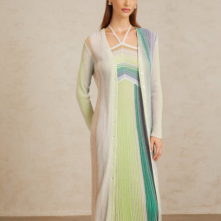 Serelith Green Metallic Knit Long Cardigan with Sequin Embellishments and Metallic Threading