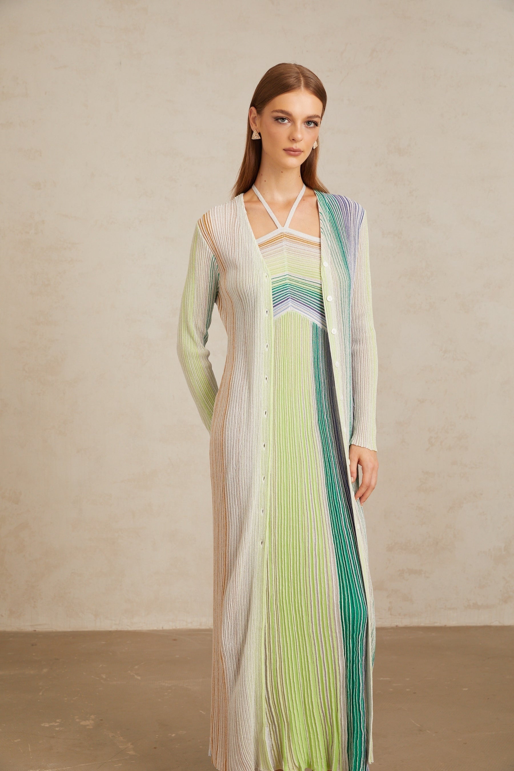 Serelith Green Metallic Knit Long Cardigan