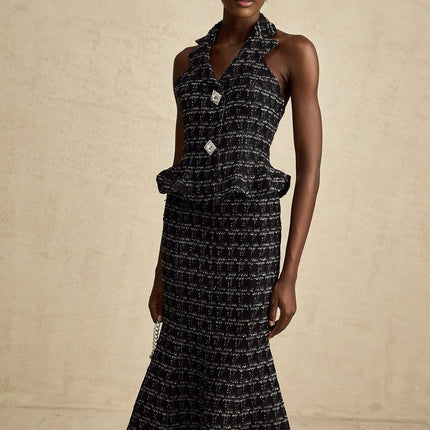 Serena Black Tweed Halterneck Top and Mermaid Skirt Set with Metallic Threading and Crystal Embellishment