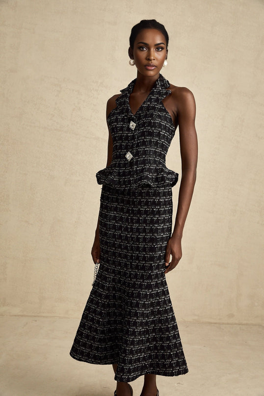 Serena Black Tweed Halterneck Top and Mermaid Skirt Set with Metallic Threading and Crystal Embellishment