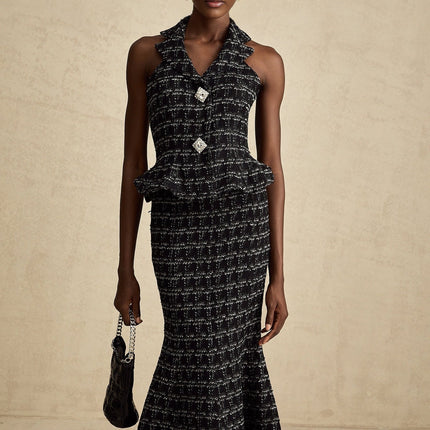Serena Black Tweed Halterneck Top and Mermaid Hem Skirt Set with Metallic Threading and Crystal Embellishment