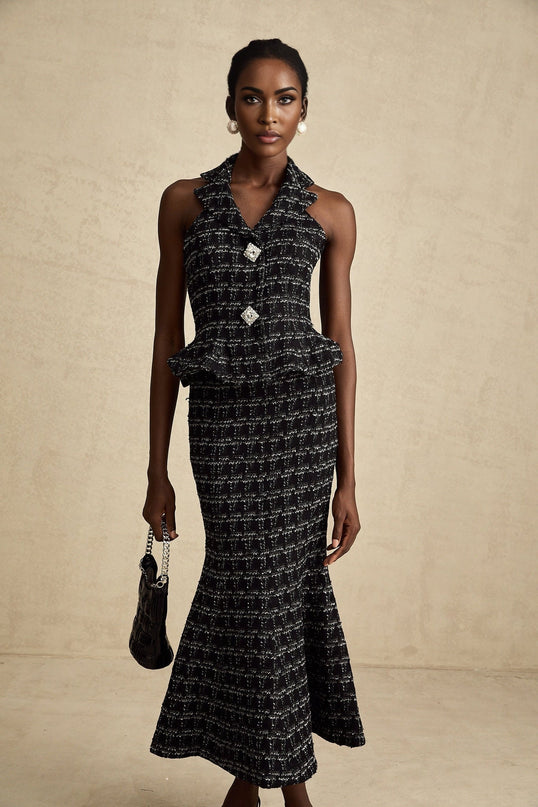 Serena Black Tweed Halterneck Top and Mermaid Hem Skirt Set with Metallic Threading and Crystal Embellishment