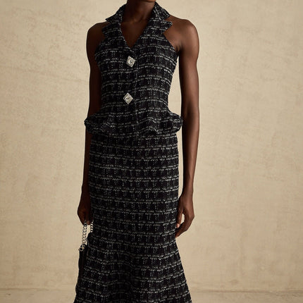 Serena Black Tweed Halterneck Top and Mermaid Hem Skirt Set with Metallic Threading and Crystal Embellishment