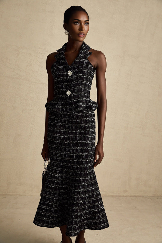 Serena Black Tweed Halterneck Top and Mermaid Hem Skirt Set with Metallic Threading and Crystal Embellishment