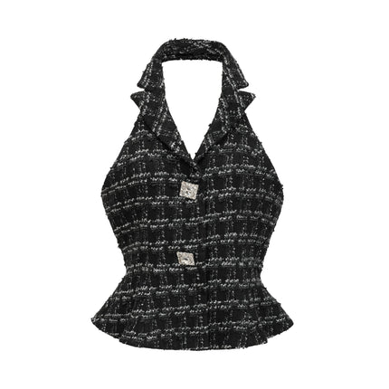 Serena Black Tweed Halterneck Top and Mermaid Hem Skirt Set with Metallic Threading and Crystal Embellishment