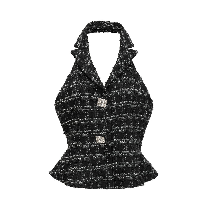 Serena Black Tweed Halterneck Top and Mermaid Hem Skirt Set with Metallic Threading and Crystal Embellishment