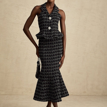 Serena Black Tweed Halterneck Top and Mermaid Skirt Set