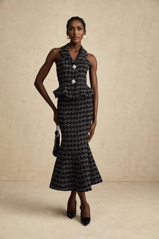 Serena Black Tweed Halterneck Top and Mermaid Skirt Set
