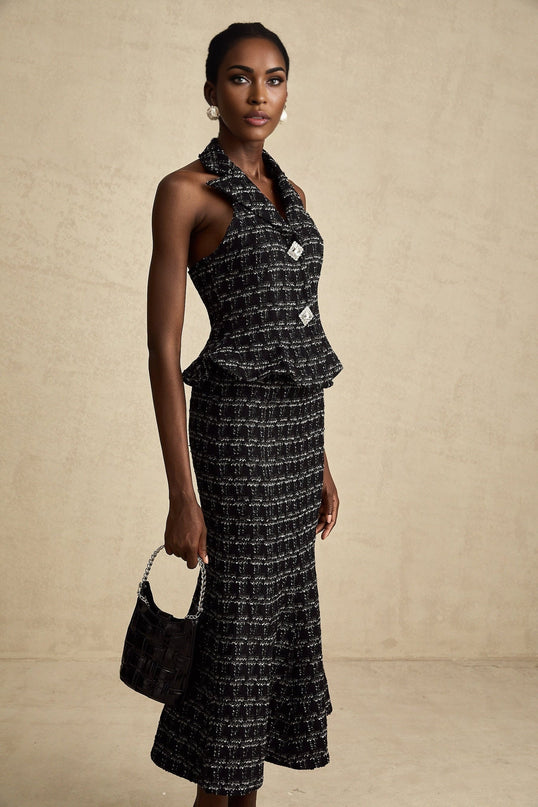 Serena Black Tweed Halterneck Top and Mermaid Skirt Set