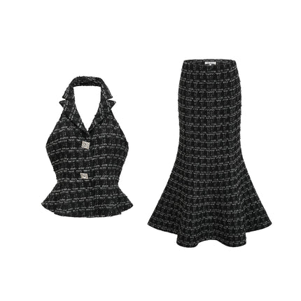 Serena Black Tweed Halterneck Vest Top and Mermaid Hem Skirt Set
