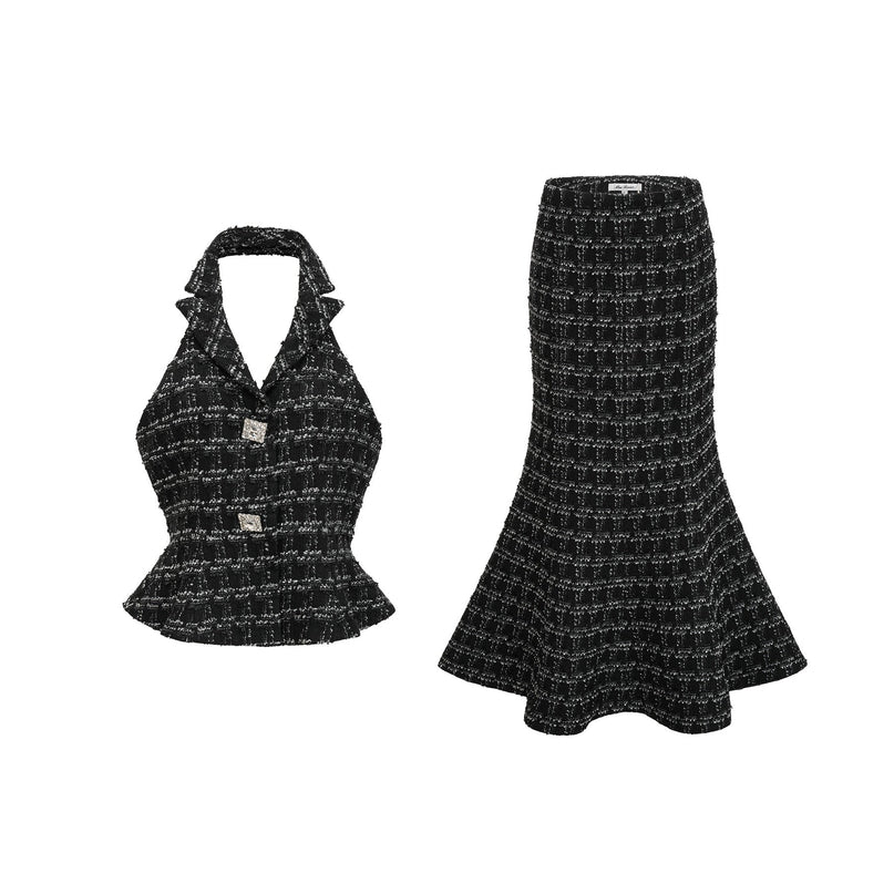 Serena Black Tweed Halterneck Vest Top and Mermaid Hem Skirt Set