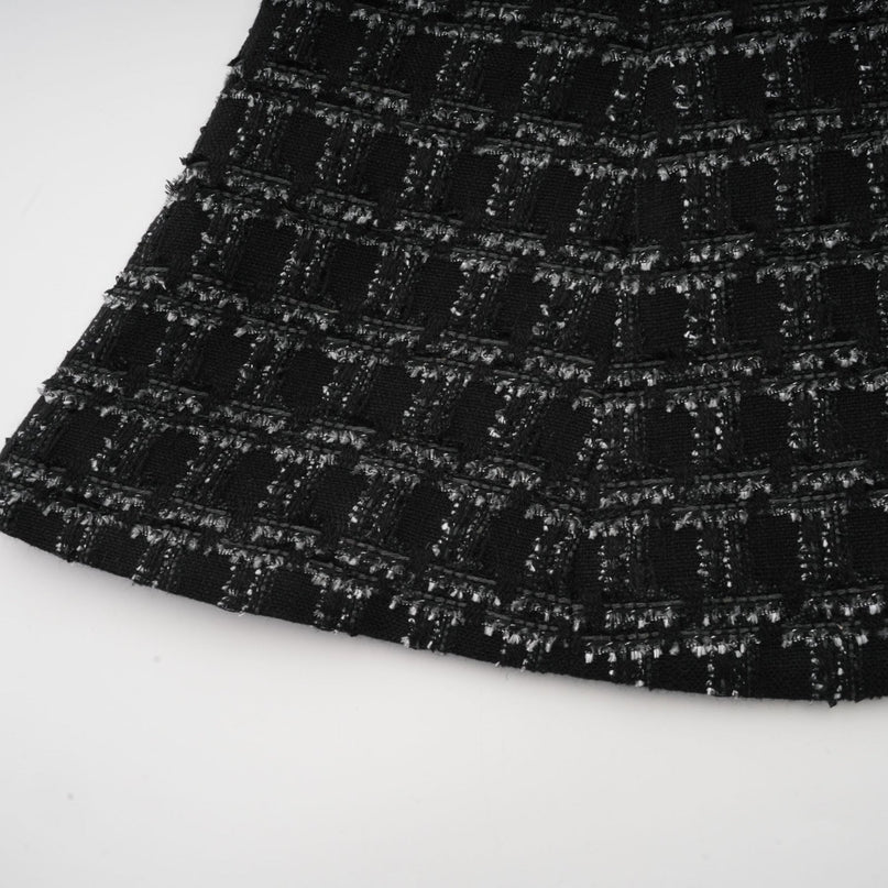 Serena Black Tweed Halterneck Vest Top and Mermaid Hem Skirt Set with Metallic Threading and Crystal Embellishment