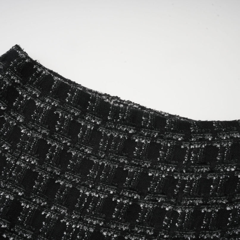 Serena Black Tweed Halterneck Vest Top and Mermaid Hem Skirt Set with Metallic Threading and Crystal Embellishment