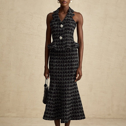 Serena Black Tweed Halterneck Vest Top and Mermaid Hem Skirt Set with Metallic Threading and Crystal Embellishment