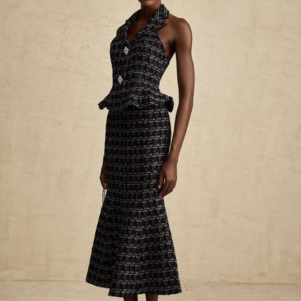 Serena Black Tweed Halterneck Vest Top and Mermaid Hem Skirt Set with Metallic Threading and Crystal Embellishment