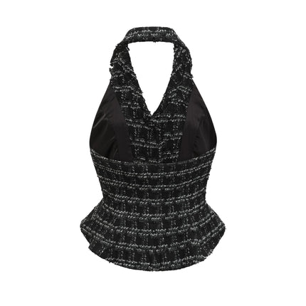 Serena Black Tweed Halterneck Vest Top and Mermaid Hem Skirt Set with Metallic Threading and Crystal Embellishment