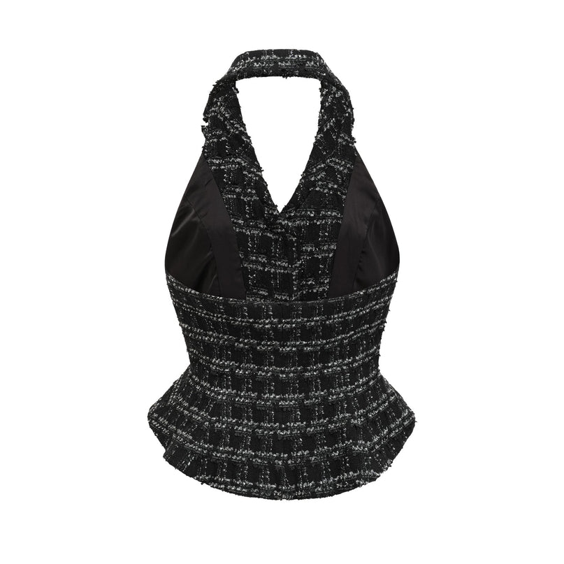 Serena Black Tweed Halterneck Vest Top and Mermaid Hem Skirt Set with Metallic Threading and Crystal Embellishment
