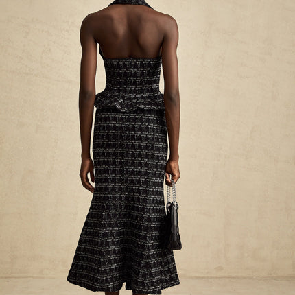 Serena Black Tweed Vest Top and Skirt Set with Metallic Threading and Crystal Embellishment