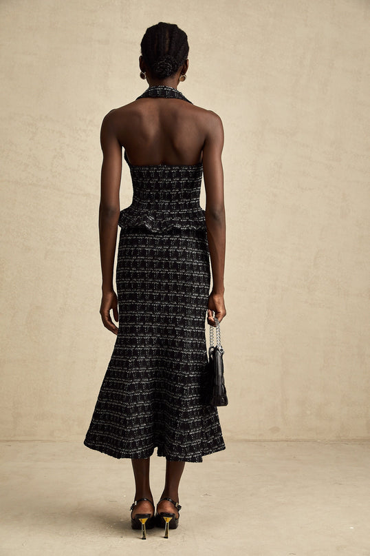 Serena Black Tweed Vest Top and Skirt Set with Metallic Threading and Crystal Embellishment